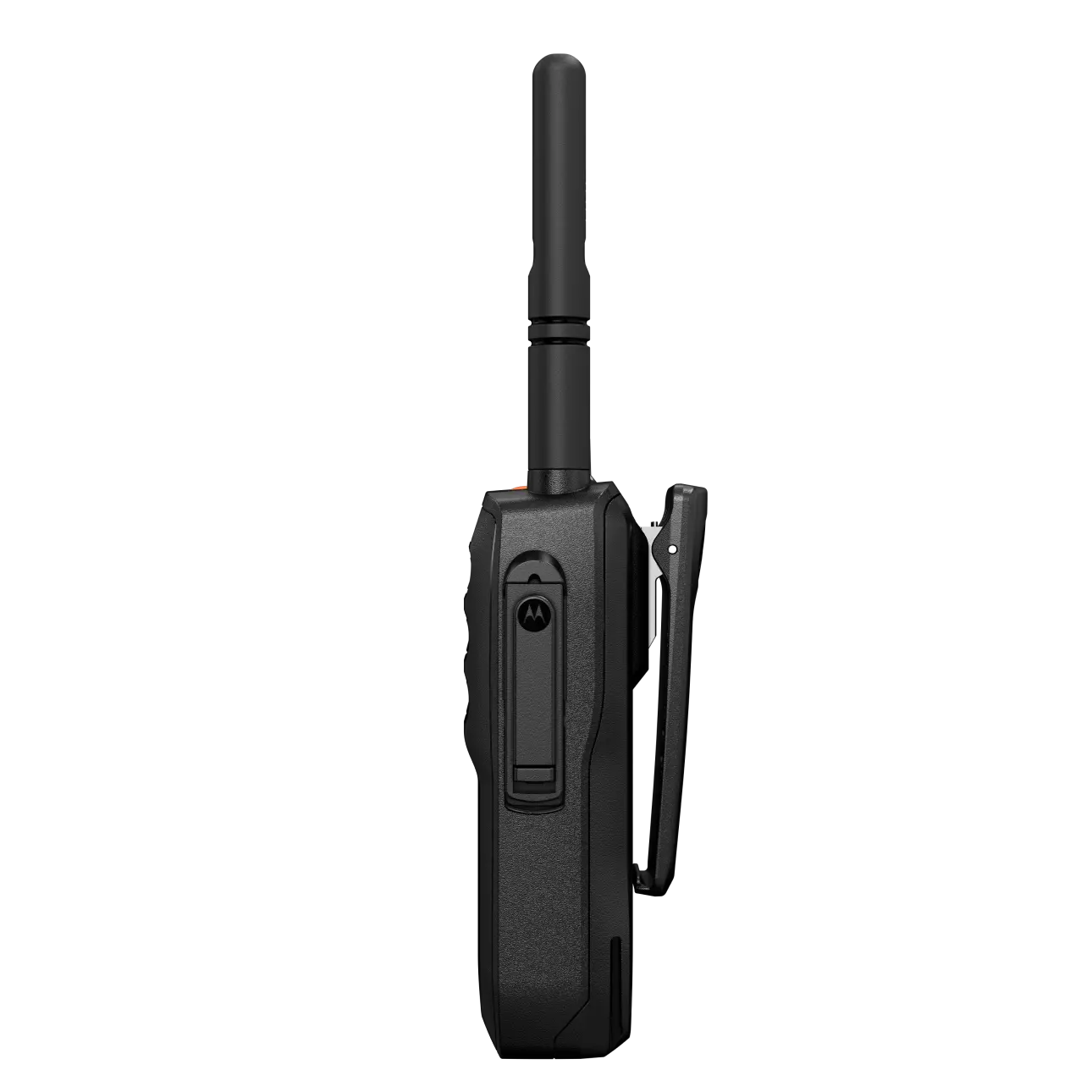 Zijaanzicht van een zwarte radio met antenne en riemclip.