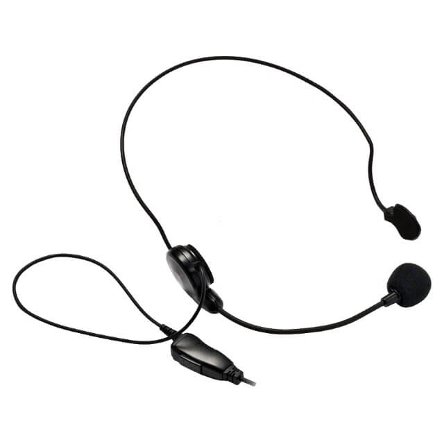 Lichte headset met microfoon, dunne kabel en oorhaakjes.