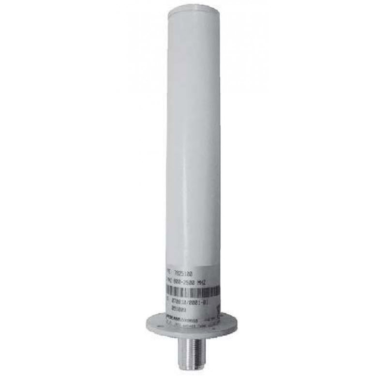Witte cilindrische antenne met metalen schroefdraad aan de onderkant.