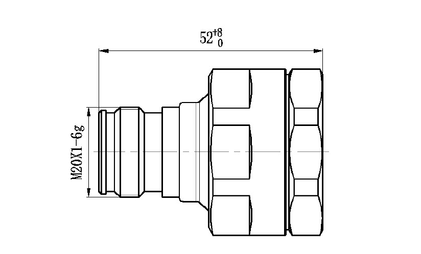 Technische tekening van een zeskantmoer met afmetingen 52 en M20X1.