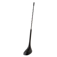 Black, flexible vehicle antenna with base.