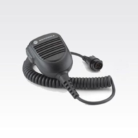 Zwart-grijze handmicrofoon met kabel en stekker op grijze achtergrond.