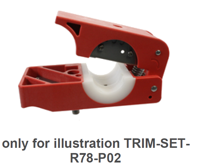 Rood pijpsnijgereedschap, witte inzet, halfopen.
