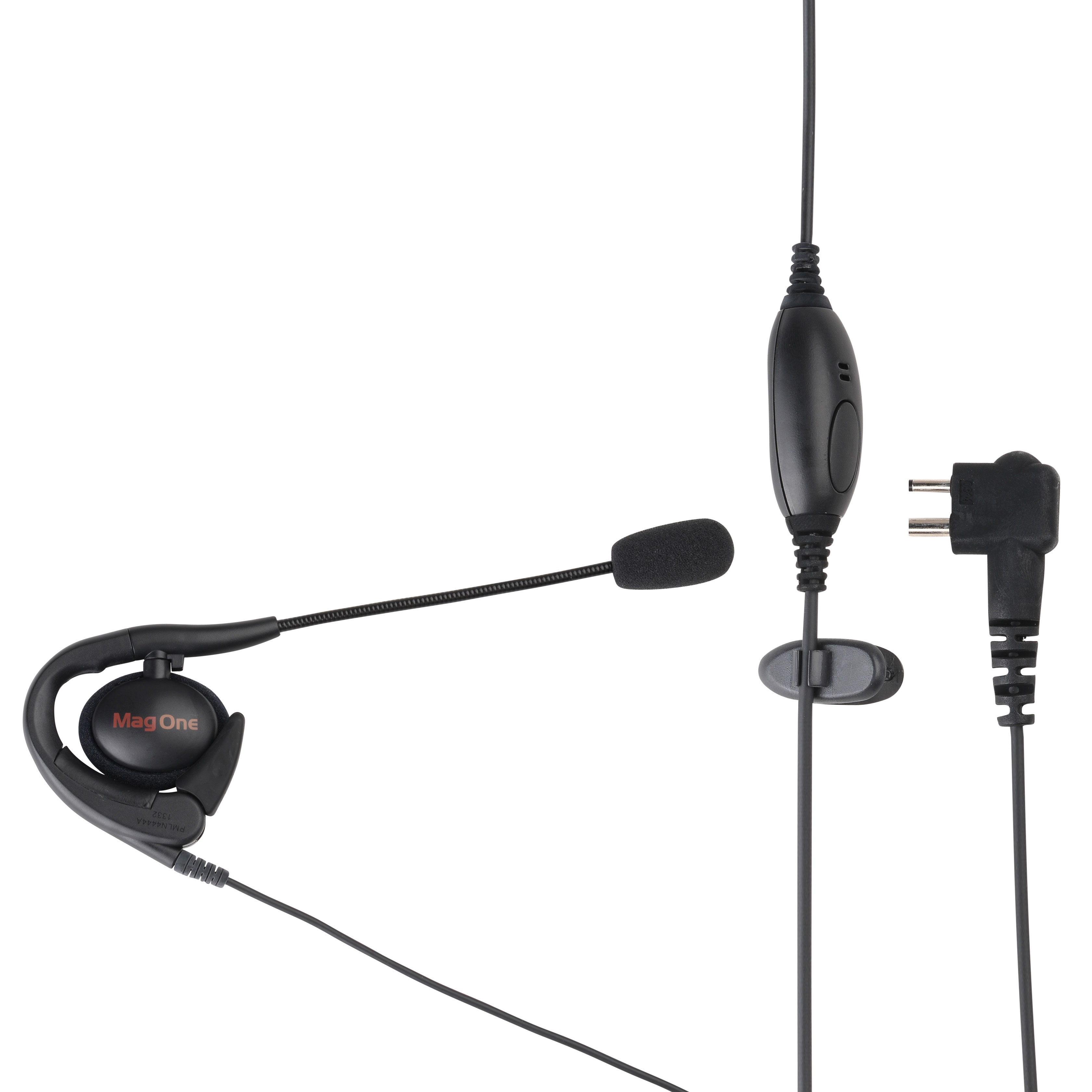 Black headset with ear hook and microphone on cable, connector on the right.
