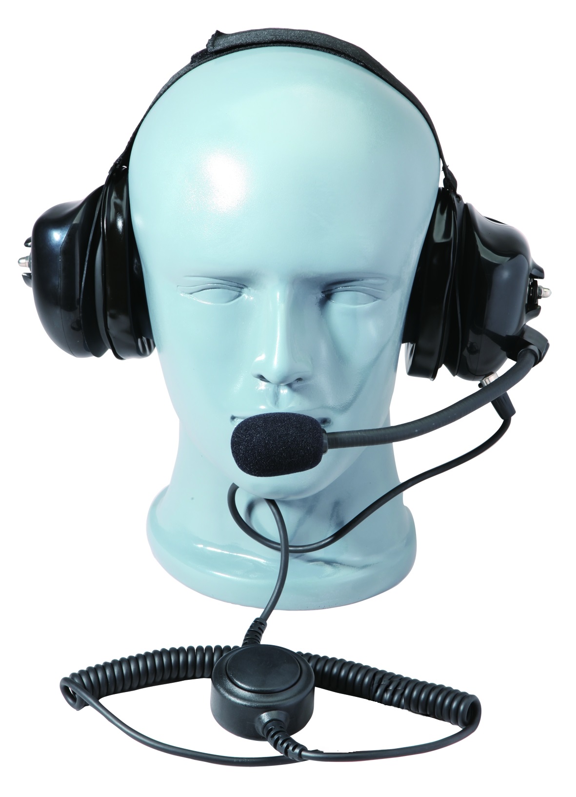 Plastic head with headphones and a microphone on cable.