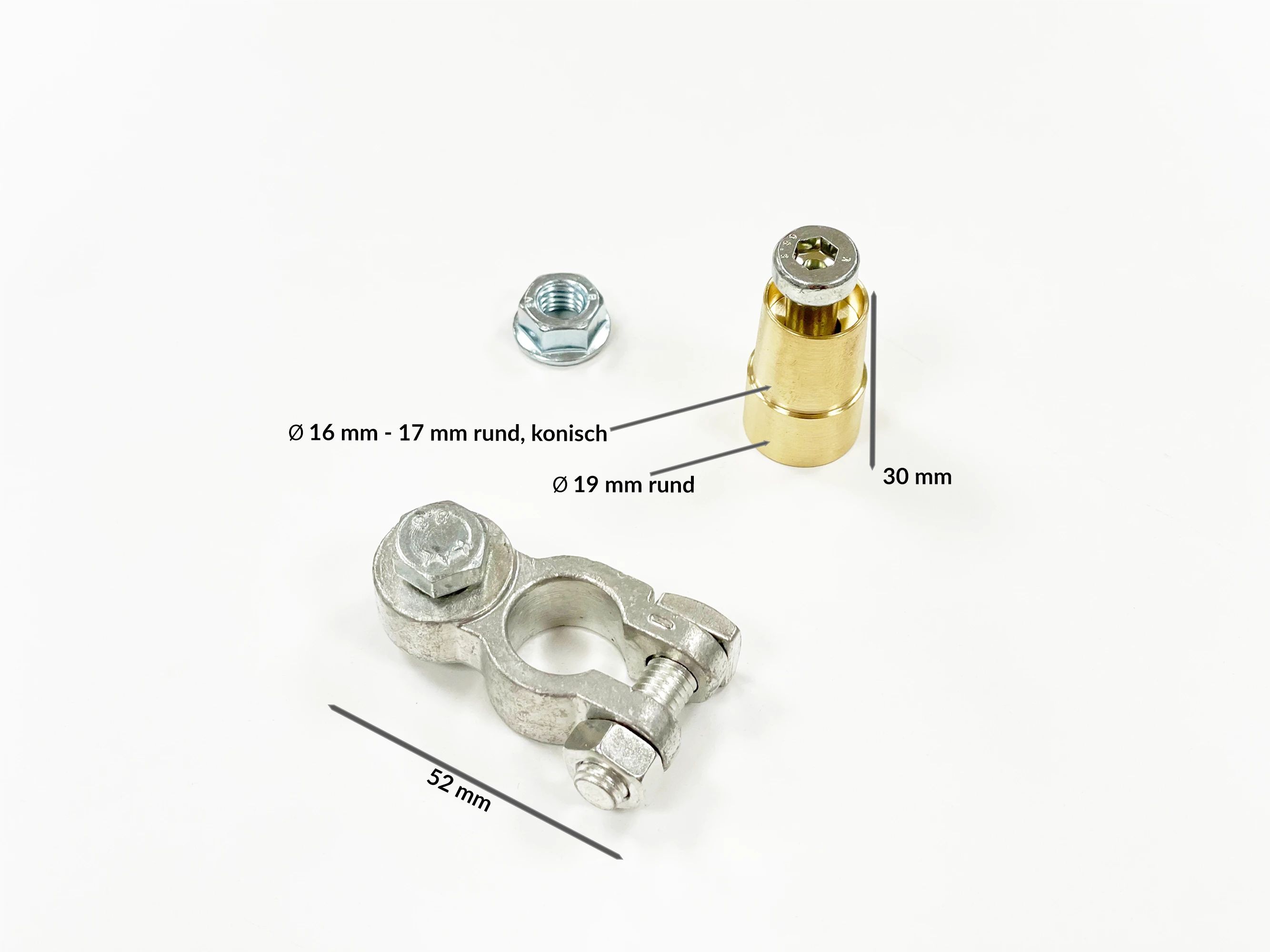 Borne de batterie auto, écrou et adaptateur avec dimensions indiquées.