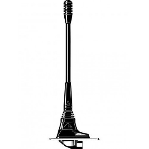 Zwart-wit tekening van een korte, verticale auto-antenne.