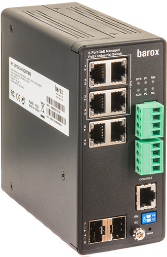 8-poorts industriële switch met PoE, vier Ethernet-poorten, twee glasvezel en console.