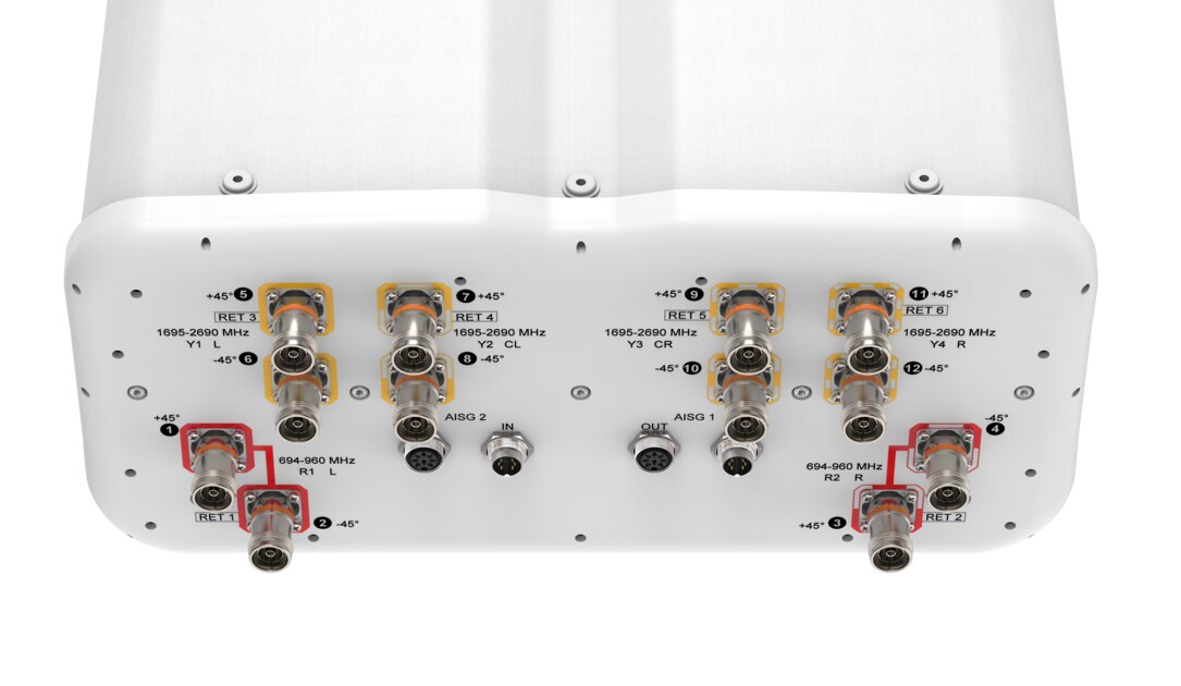 Arrière d'un appareil électronique avec plusieurs connecteurs et étiquettes de fréquence.