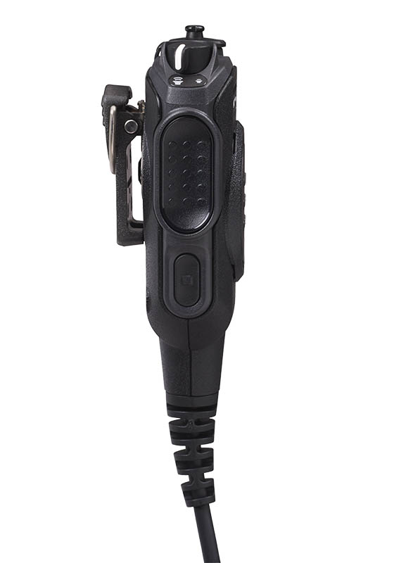 Black speaker microphone with cable and clip shown from the side.