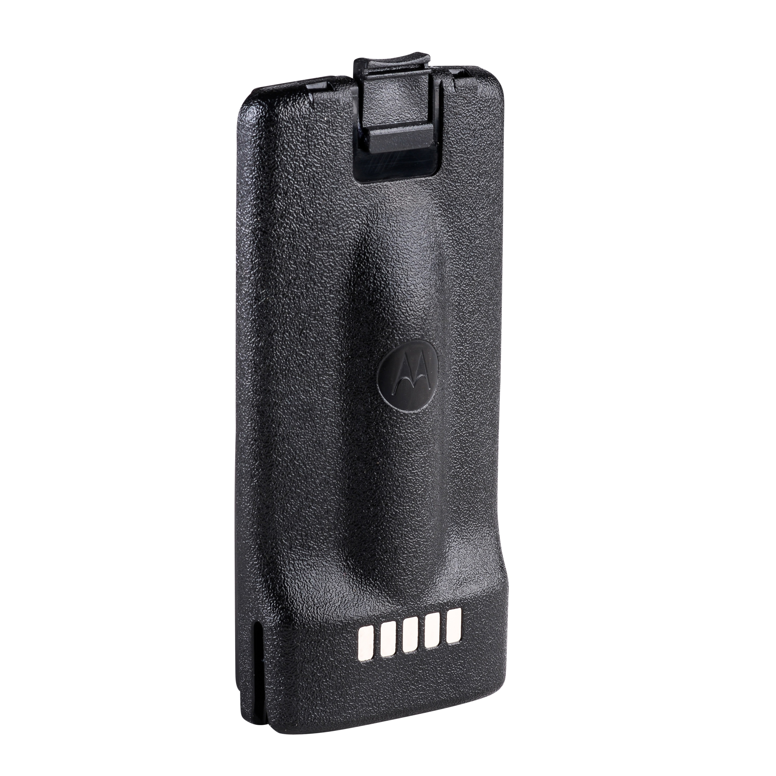 Batterie en plastique noire avec logo Motorola et quatre connecteurs en bas.