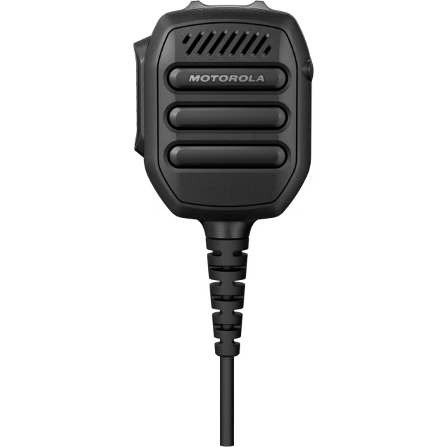 Radiomicrofoon met drie knoppen en kabel.
