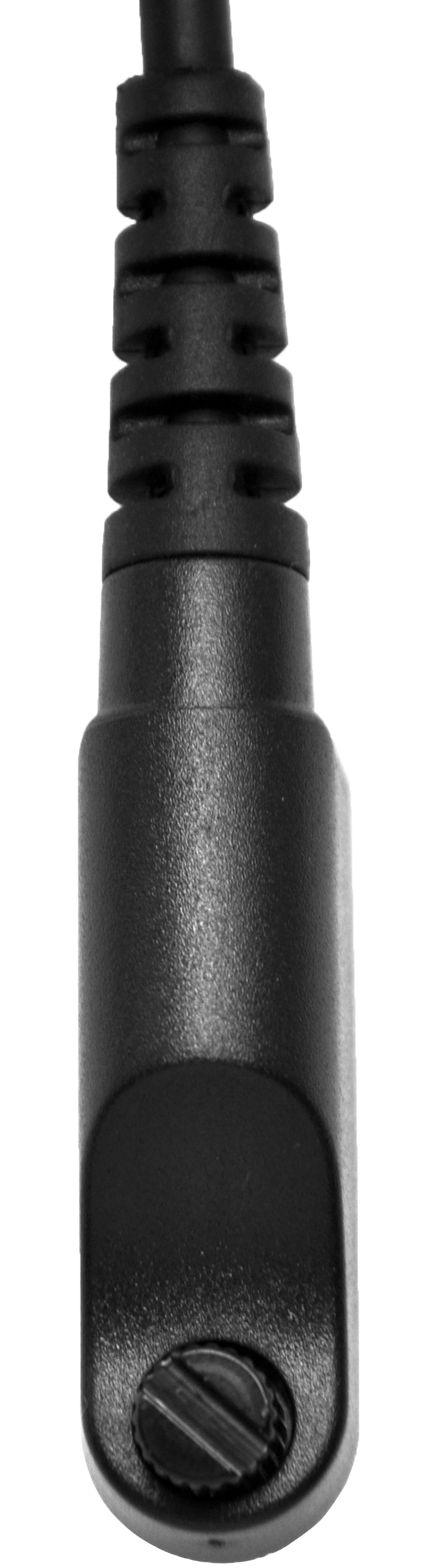 Close-up of a black connector with grooved design.