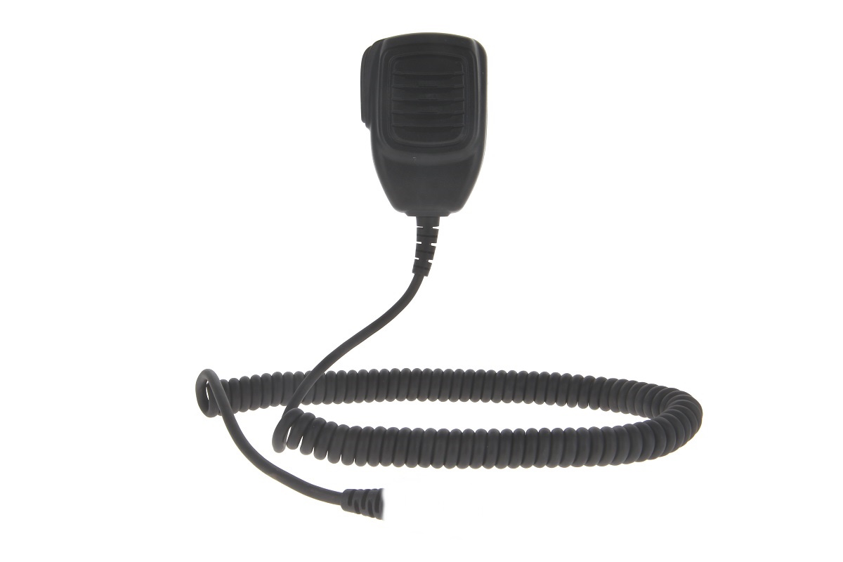 Black handheld radio microphone with curly cord