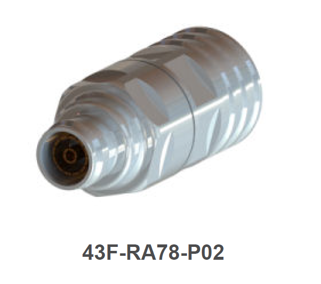 Cilindrische metalen connector met label 43F-RA78-P02.