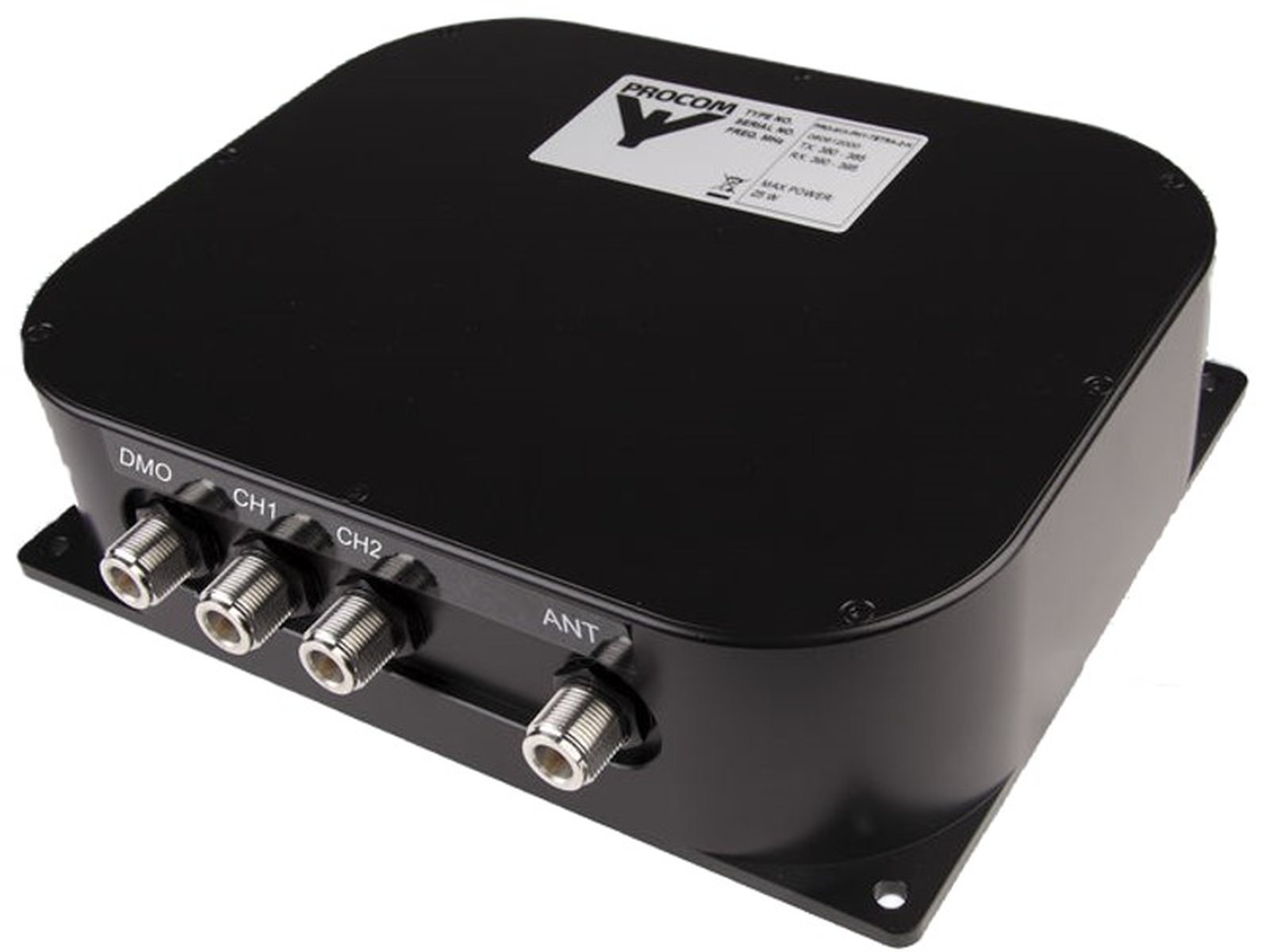 Black electronic box with four connectors: DMO, CH1, CH2, ANT.