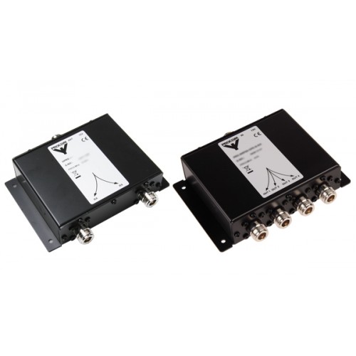 Two black electronic devices with multiple connectors and white labels.