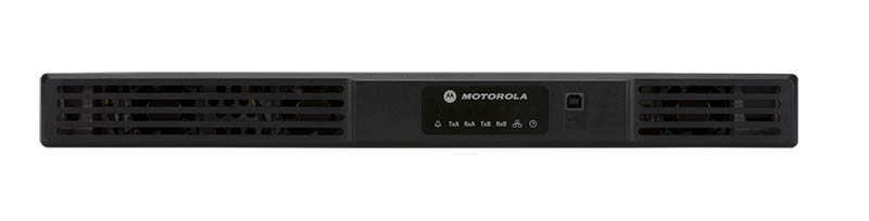 Zwart, plat apparaat met ventilatieopeningen en Motorola-logo.