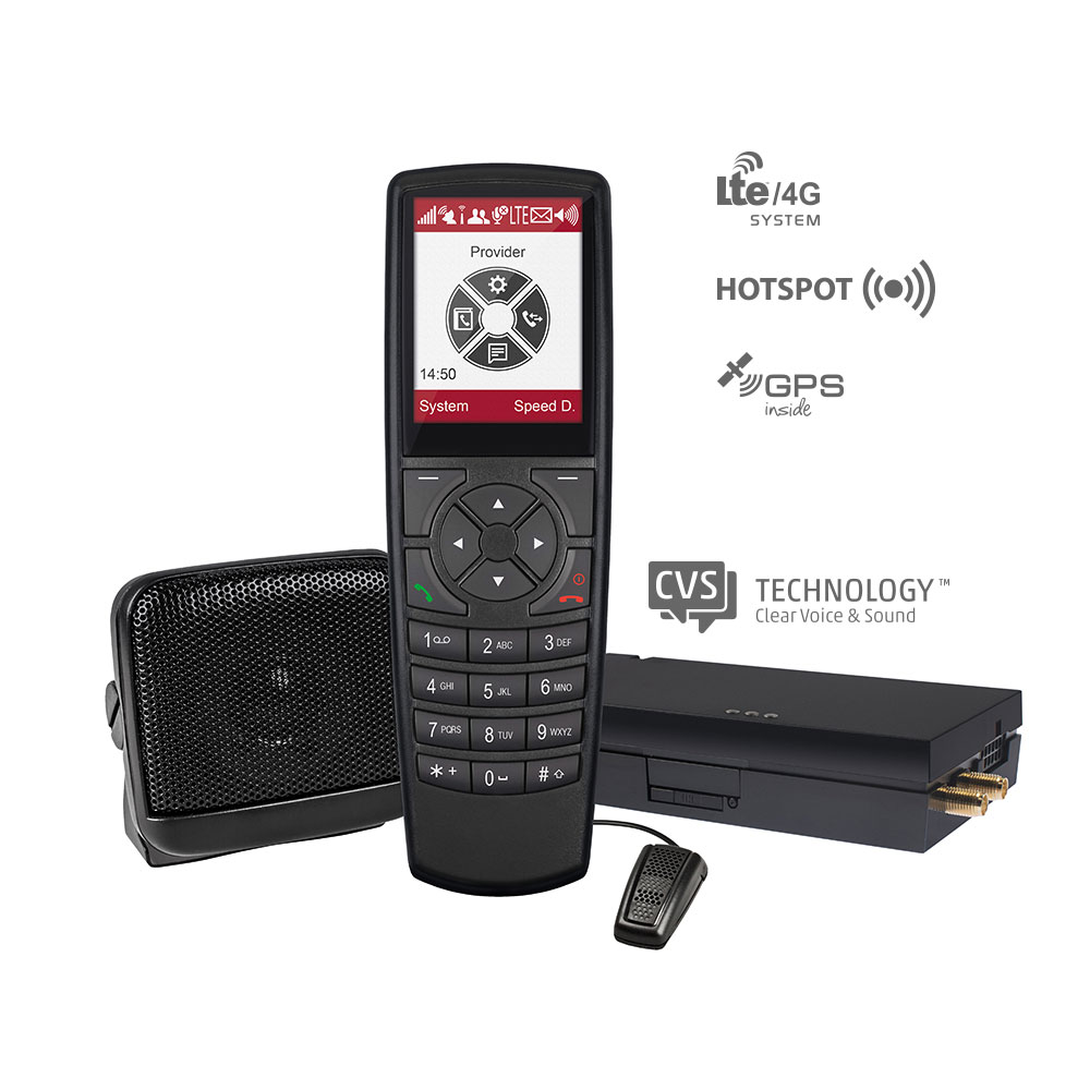 Radiotoestel met LTE, GPS en hotspot-functies, luidspreker en microfoonaccessoires.