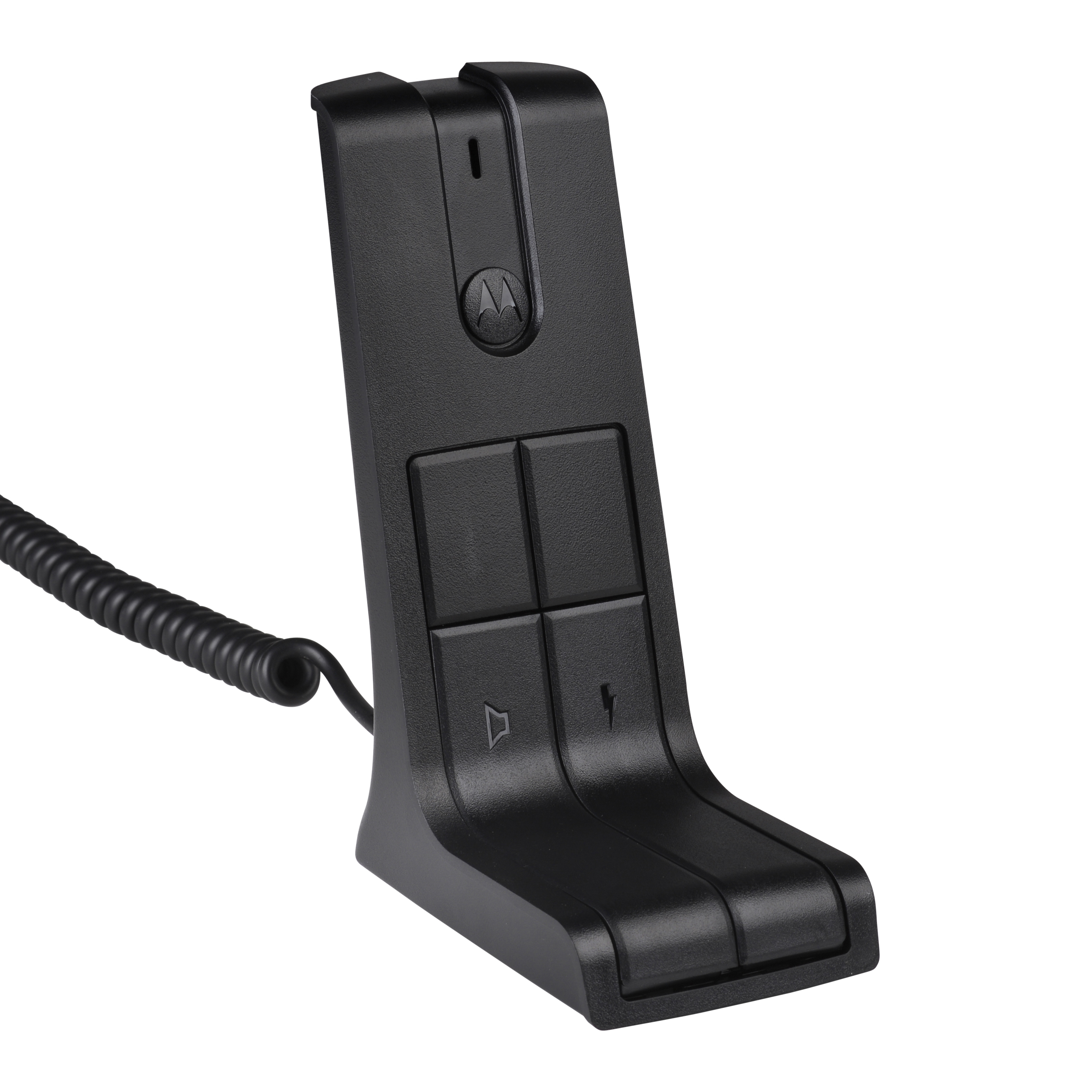 Zwarte bedrade telefoonhoornhouder met volumeknop en dempknop.