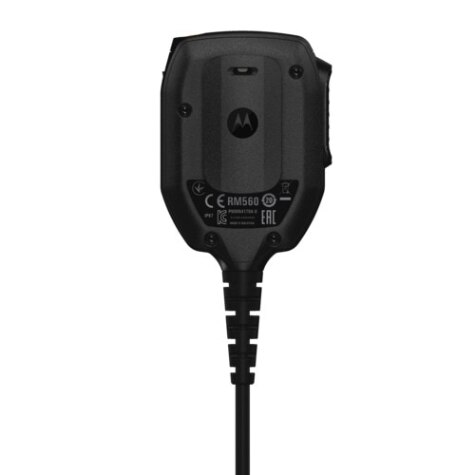 Zwart bekabelde microfoon met Motorola-logo.