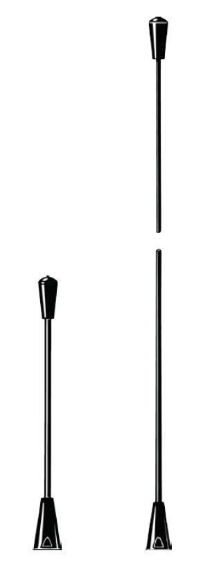 Twee zwarte antennes, verschillende lengtes, tegen een witte achtergrond.