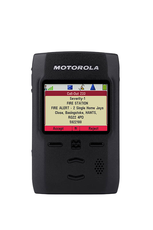 Handheld device with alert screen, text shows fire alert in Basingstoke.