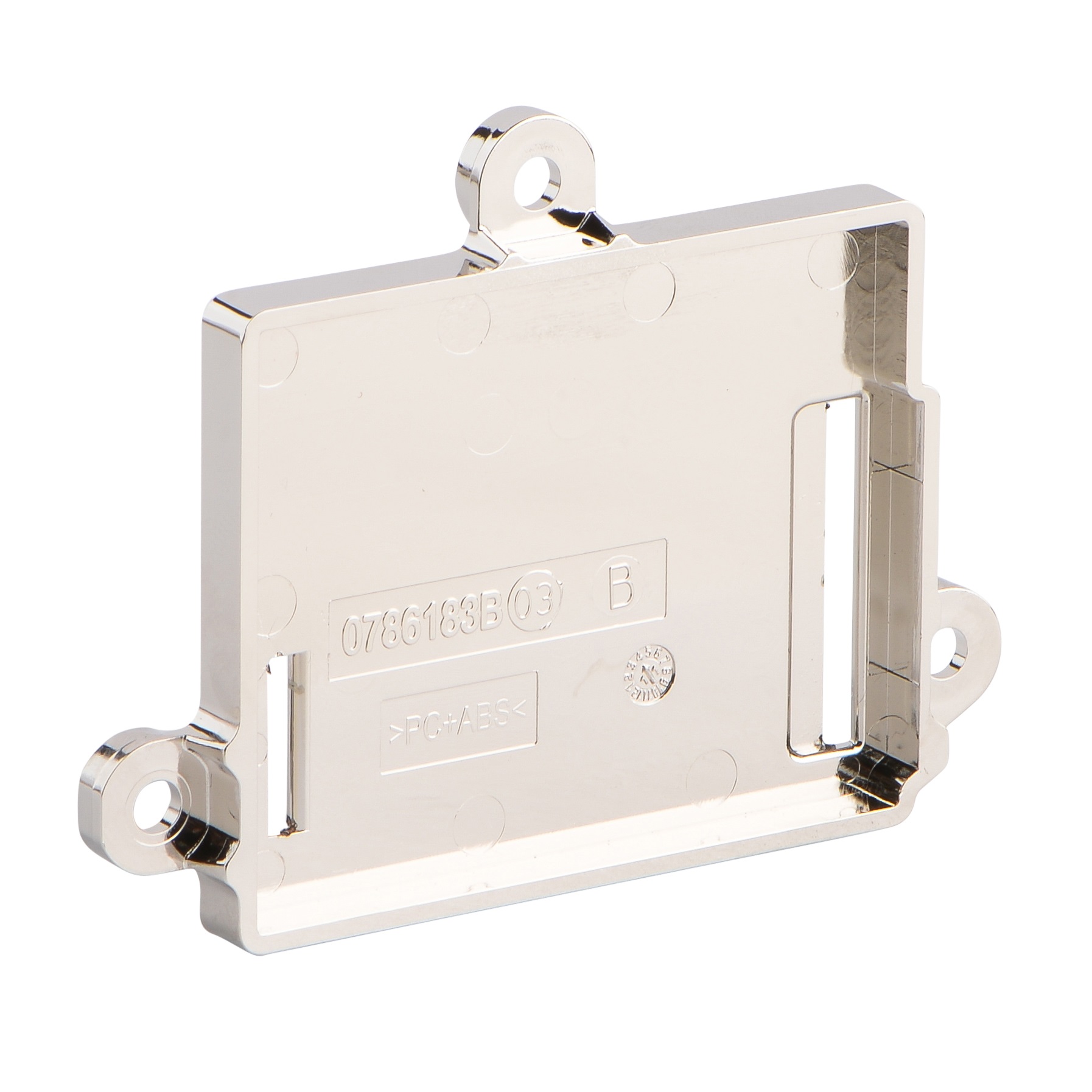 Boîtier métallique avec inscriptions et trou de suspension.