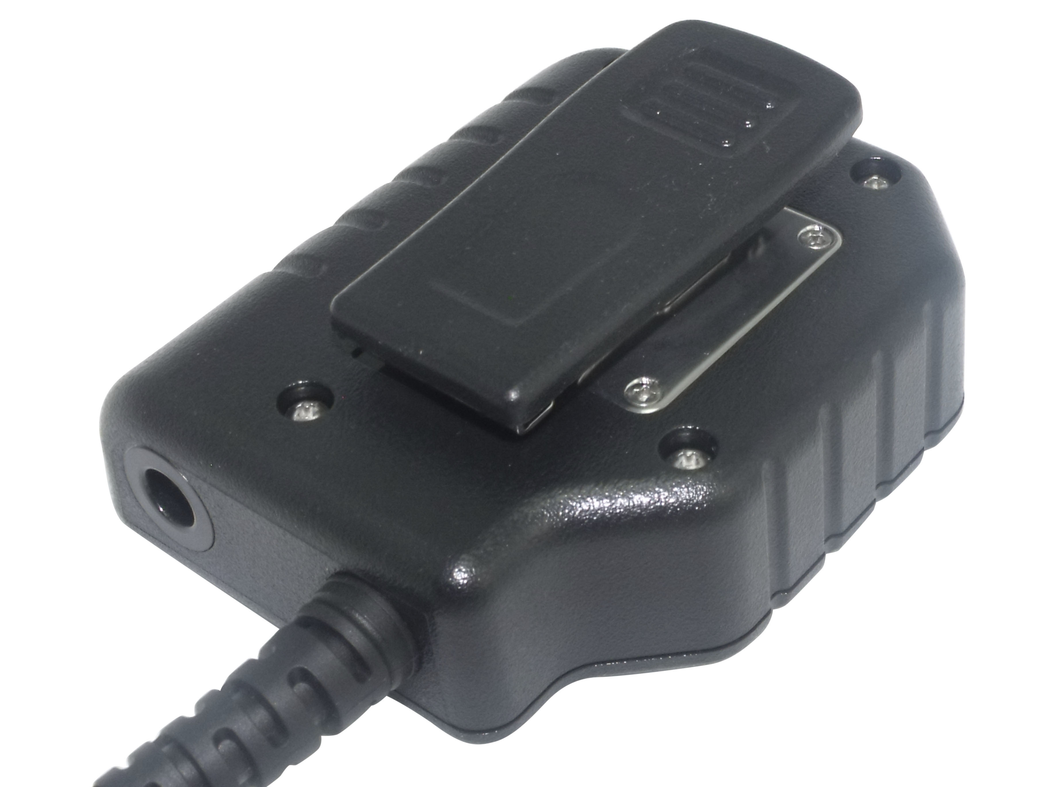 Black handheld control device with clip and cable connector.