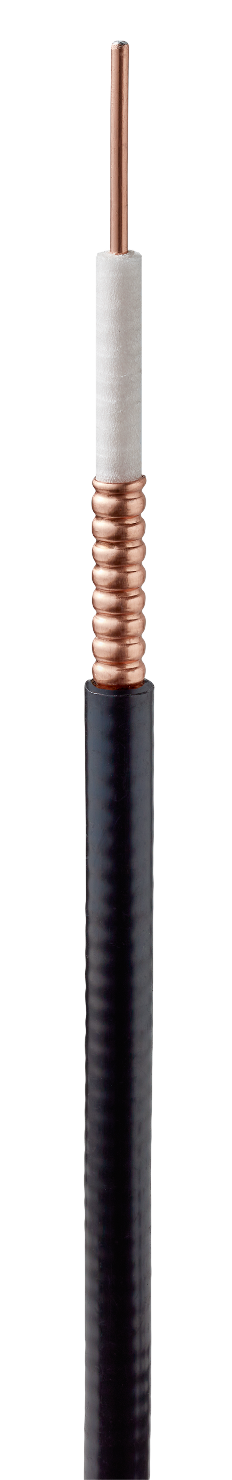 Coaxial cable with black insulation and copper core.
