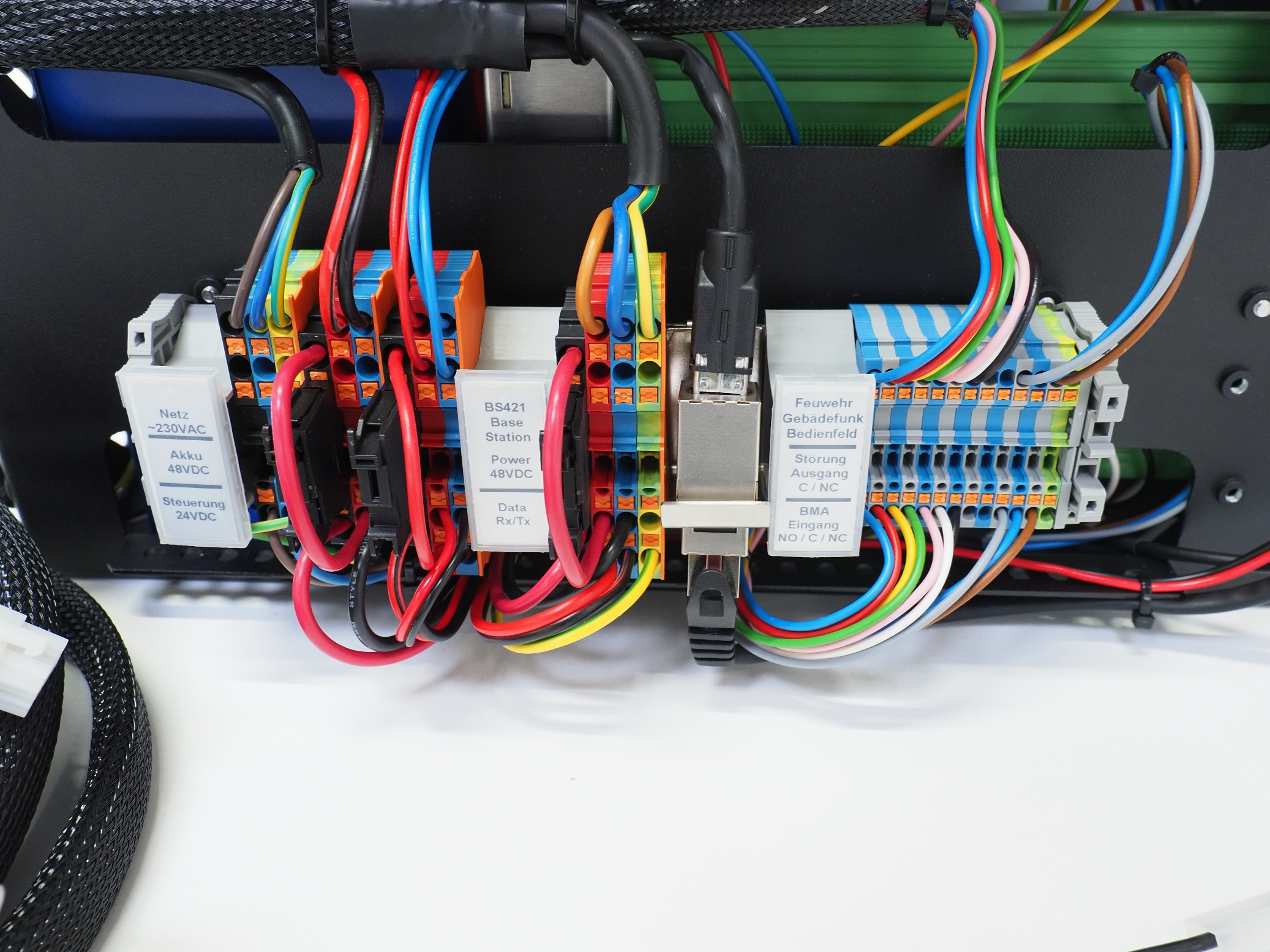 Kabelverbindingen in een elektrische kast met gekleurde draden en labels.