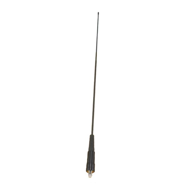 Black radio antenna with a long, thin rod and base.