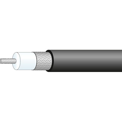 Cross-section of a coaxial cable with outer jacket, shielding, insulation, and inner conductor.