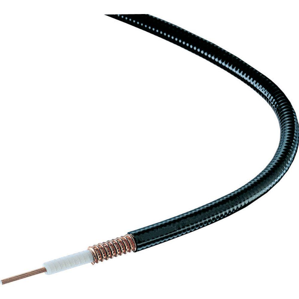 Zwart, gebogen coaxkabel met blootliggende binnengeleider.