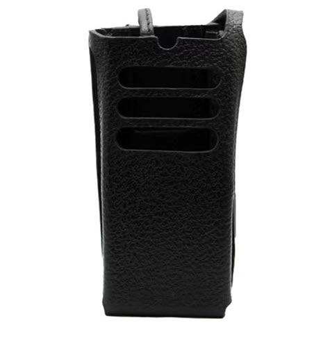 Étui en cuir noir avec fentes à l'avant.