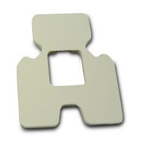 Witte plastic clip in rechthoekige vorm met een centraal gat.