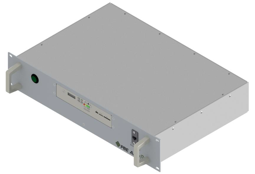 Boîtier métallique avec poignées, voyants et ports.