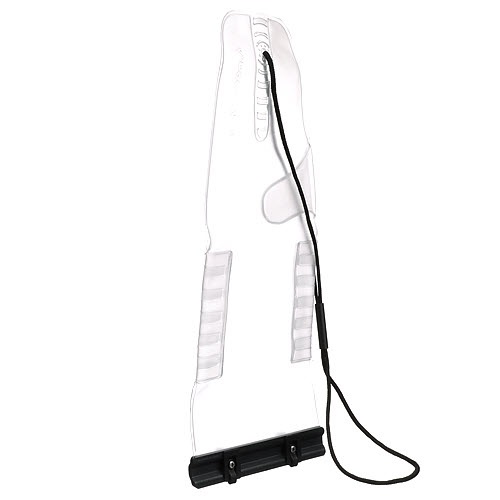 Clear surfboard leash with a black attachment strap and cord.