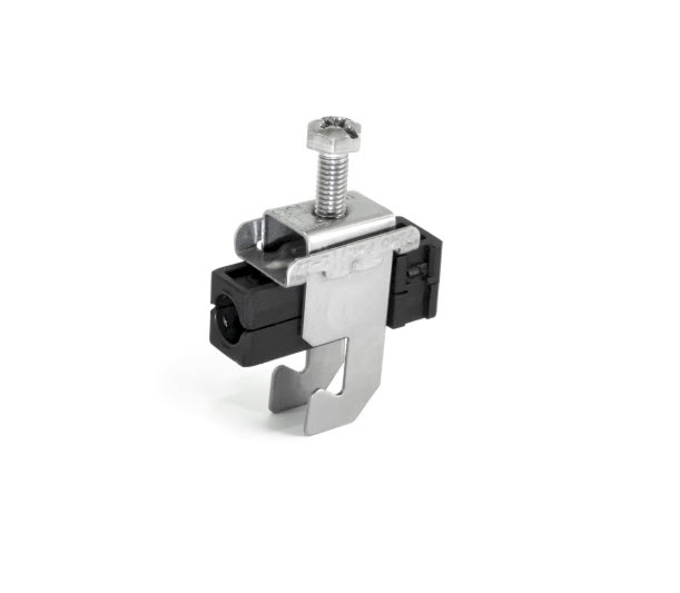 Metalen klem met schroef en zwart kunststof behuizing.