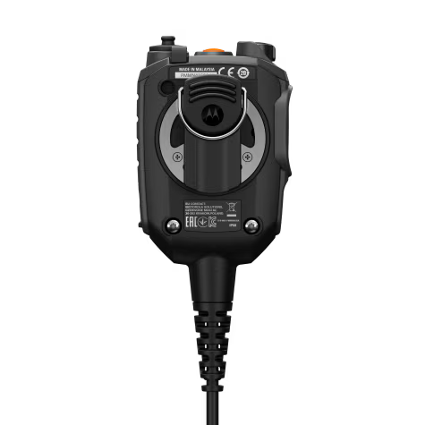 Back of a portable radio device with antenna connector and manufacturer text.