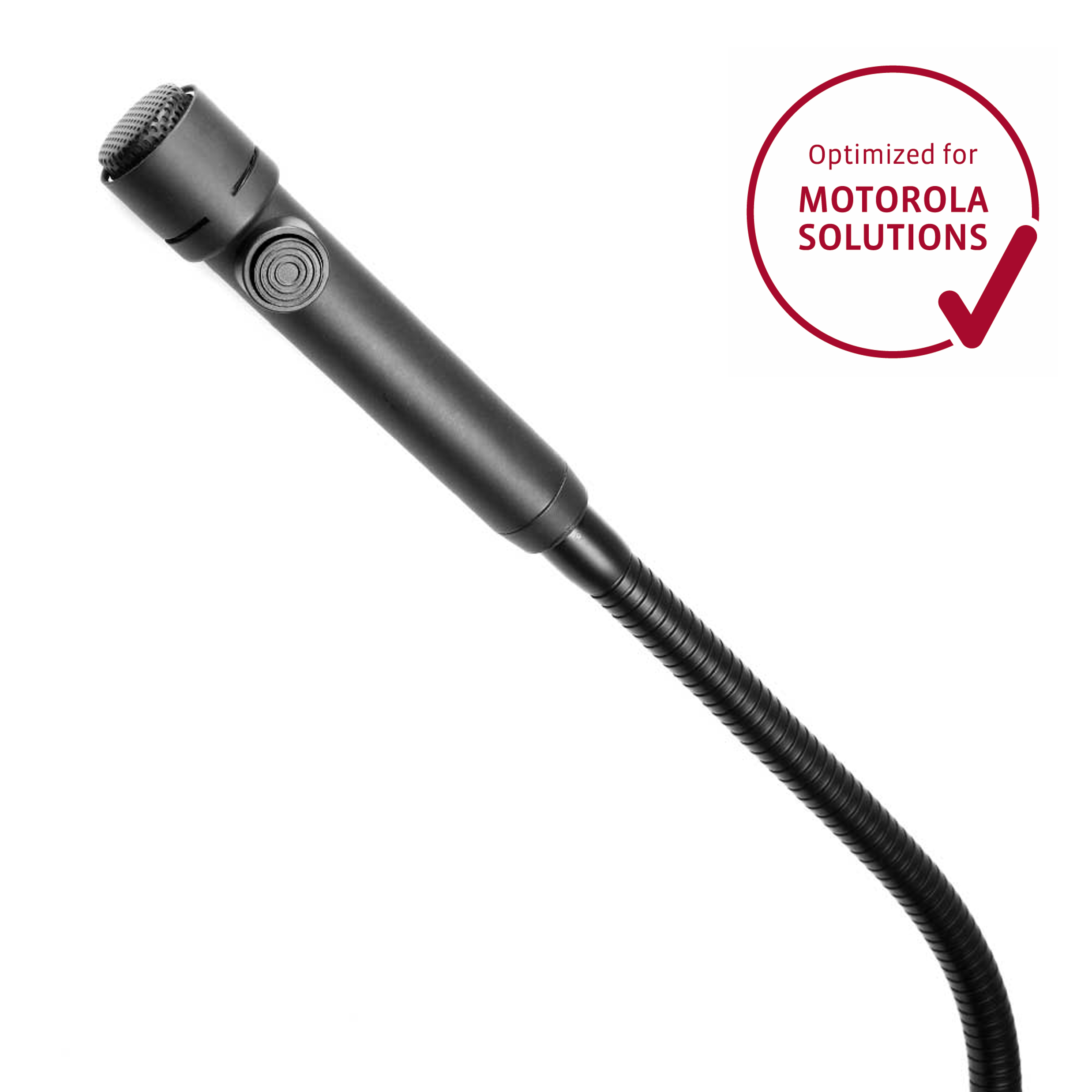 Zwart flexibel microfoon met knop, geoptimaliseerd voor Motorola Solutions.