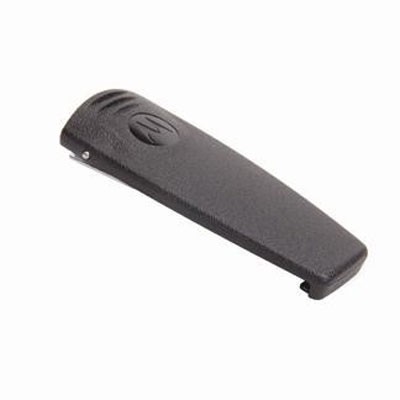 Zwarte plastic riemclip met afgeronde randen.