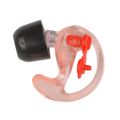 Bouchon d'oreille transparent avec embout noir et filtre rouge.