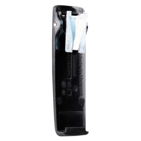 Porte-sangle noir avec crochet métallique, position verticale.