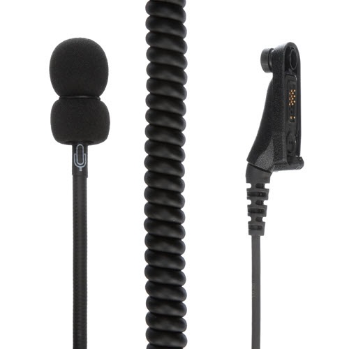 Microfoon met spiraalkabel en clip voor apparaatverbinding.