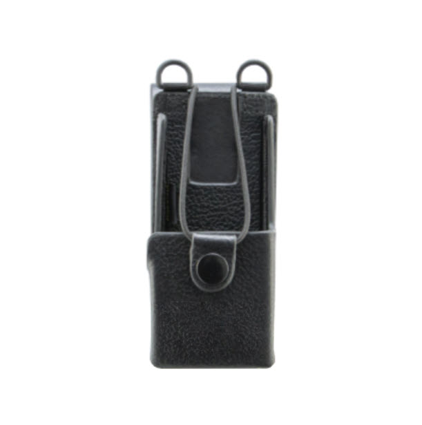 Black leather belt holder with flip closure and button.
