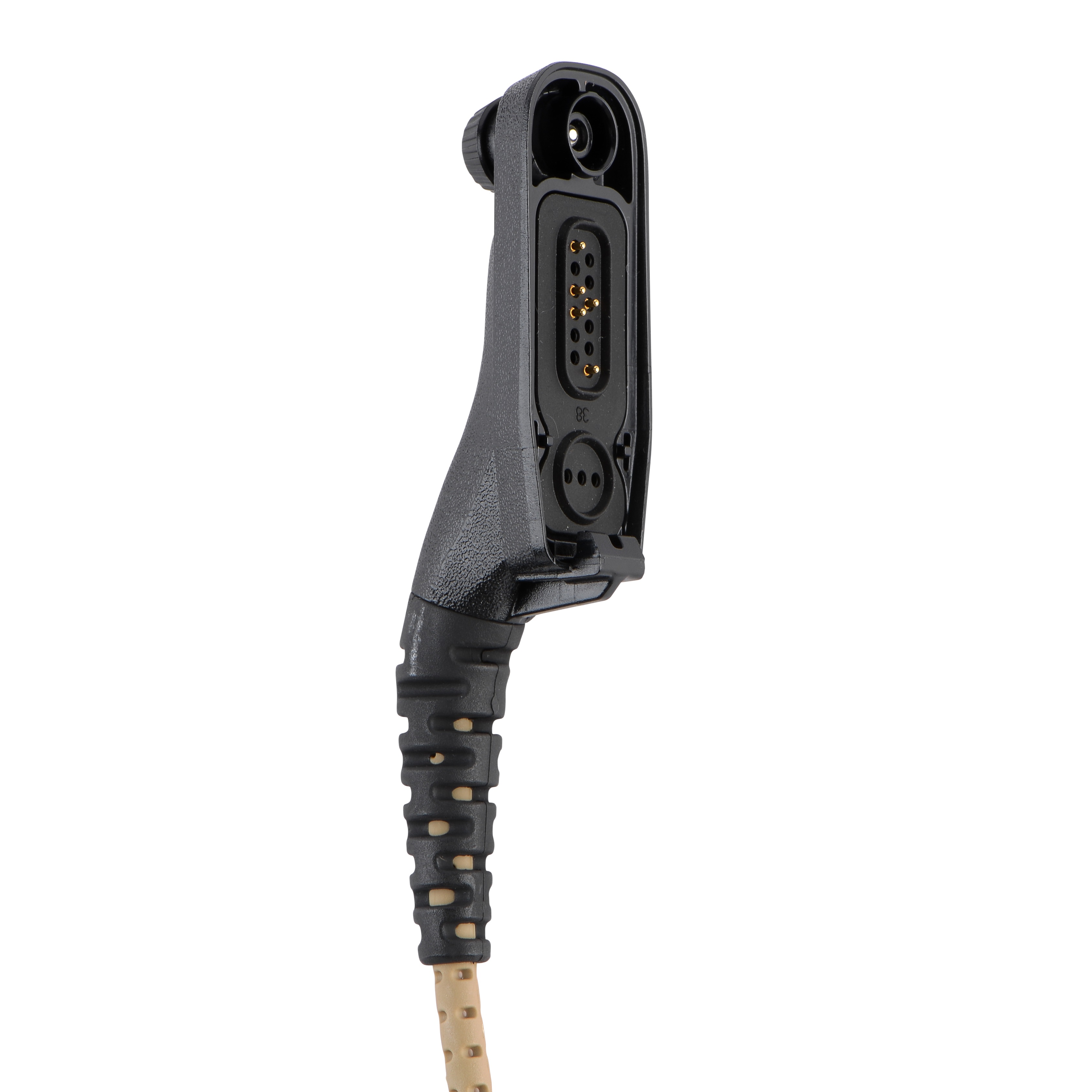 Close-up van een zwarte connector met meerdere contactpunten.
