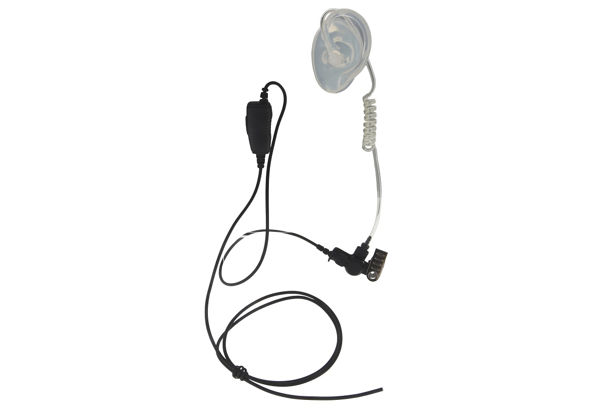 Earpiece with transparent tube and black cable with clip.