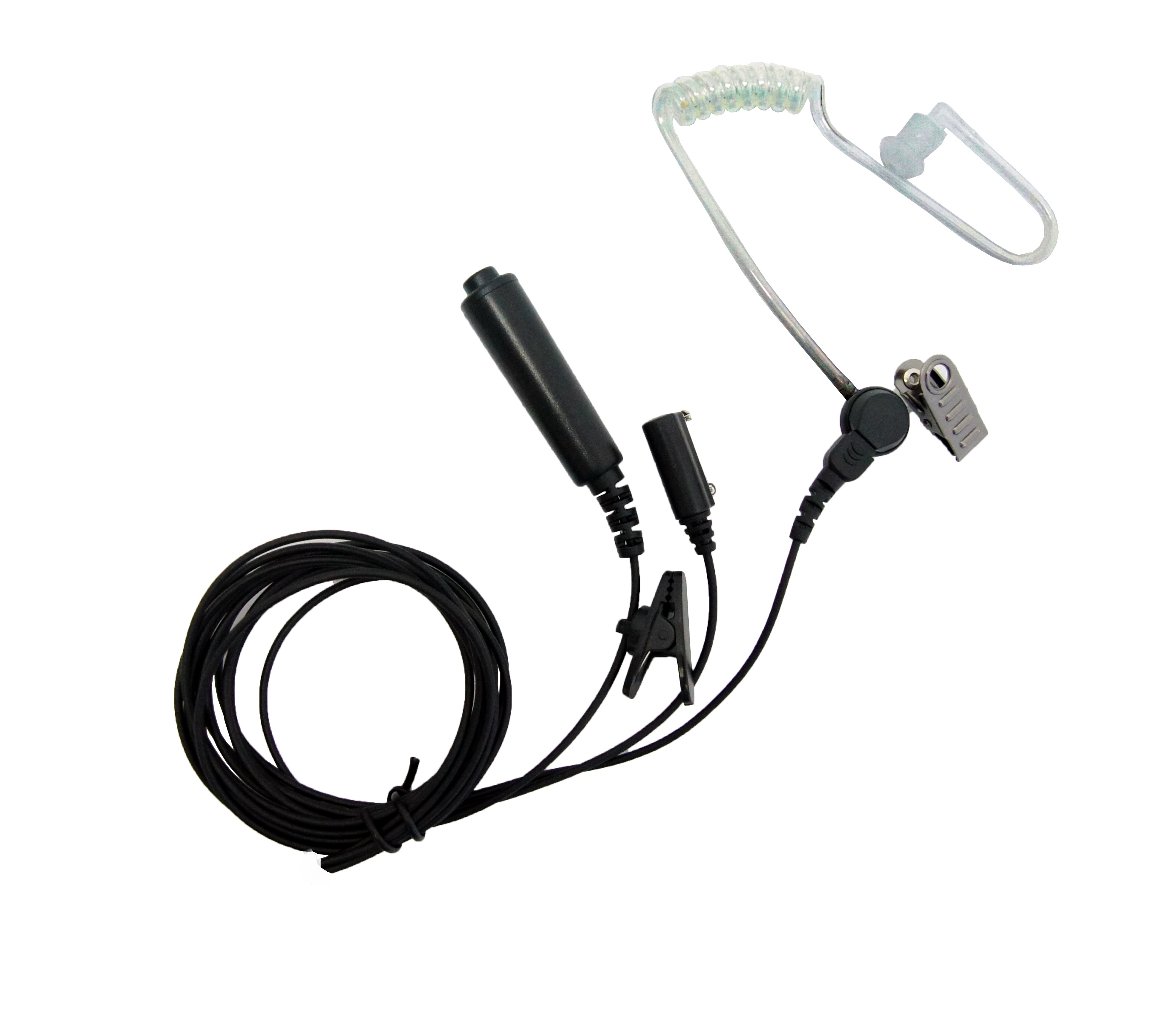 Acoustic tube earpiece with microphone and cable.