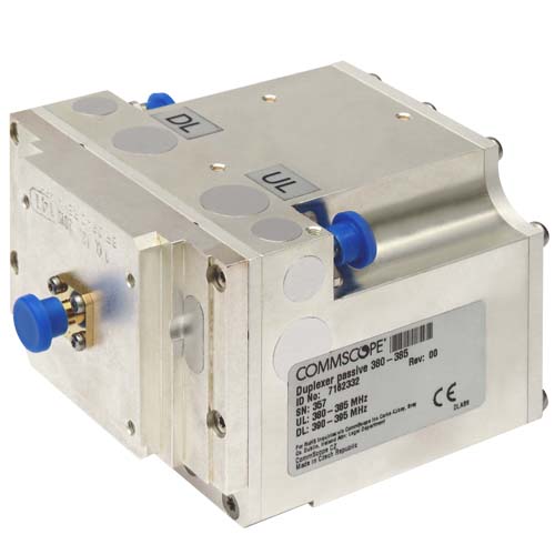 Metalen duplexer met blauwe connectors, COMMSCOPE-etiket.